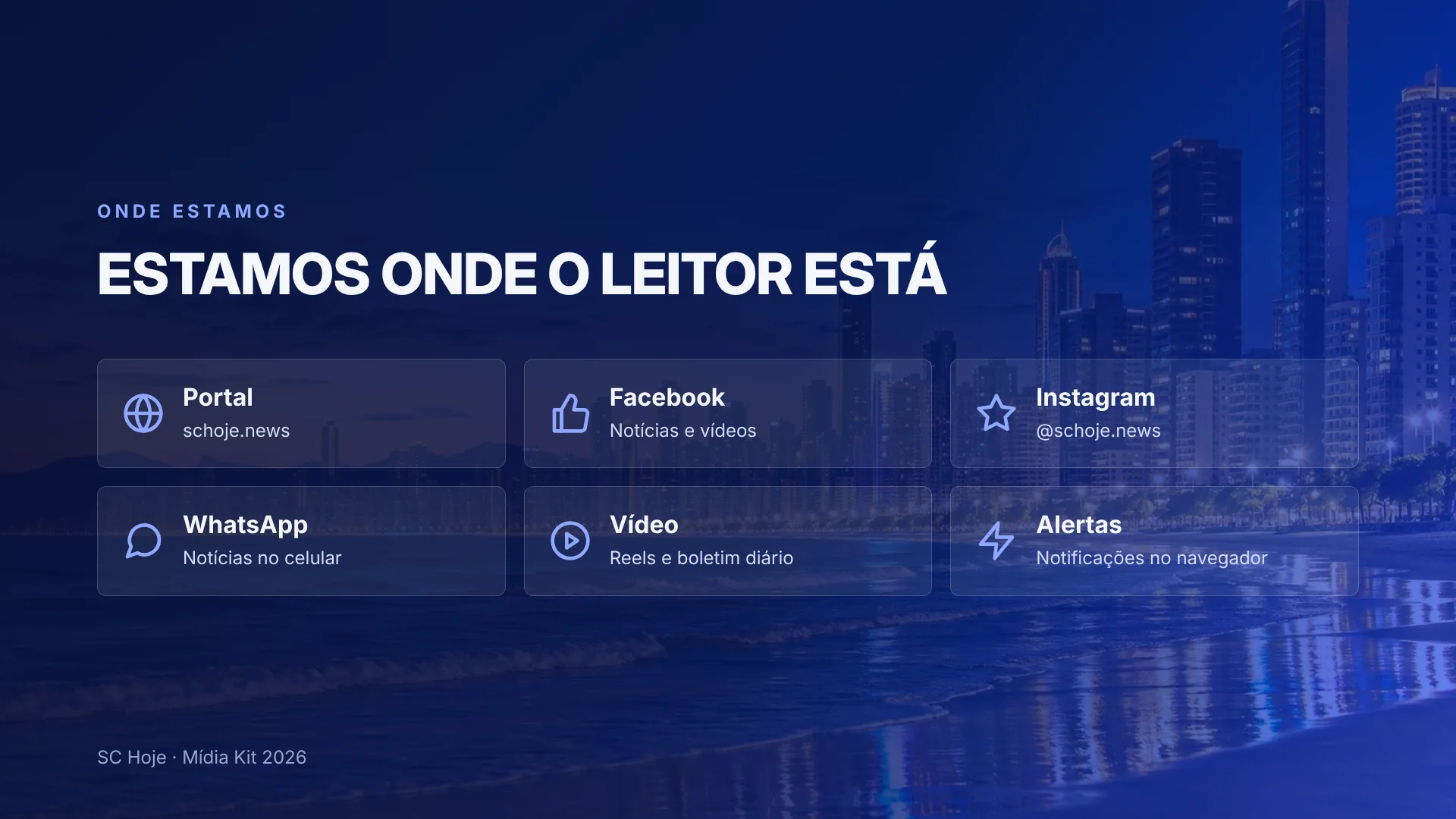 Onde estamos: portal schoje.news, Facebook, Instagram @schoje.news, WhatsApp, vídeo (Reels e boletim diário) e alertas no navegador.