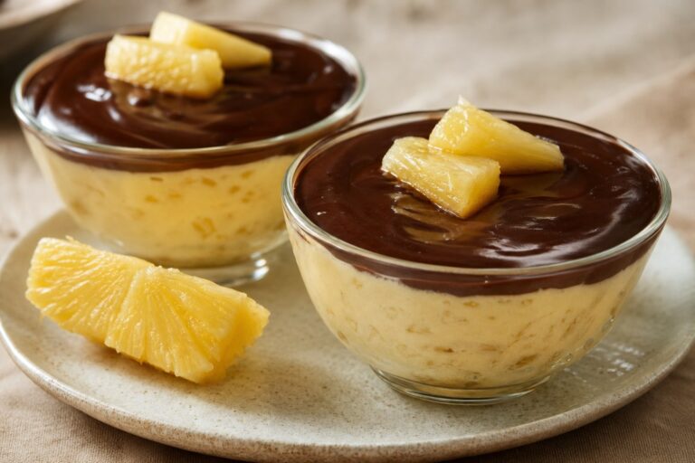 Creme Gelado de Abacaxi com Ganache de Chocolate – Sobremesa Prática em 5 Minutos