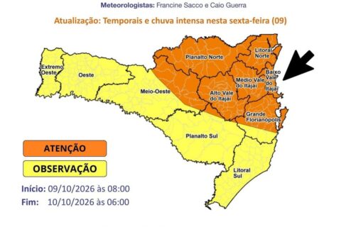 Defesa Civil alerta para risco de alagamentos em BC sexta