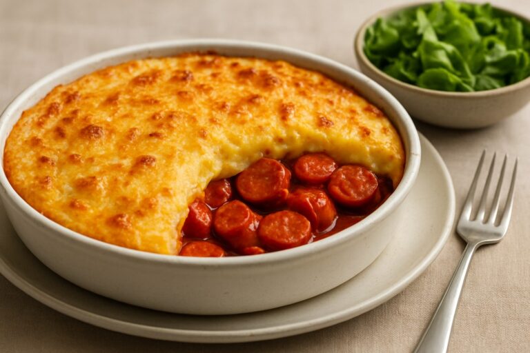 Escondidinho Invertido de Batata com Salsicha e Queijo