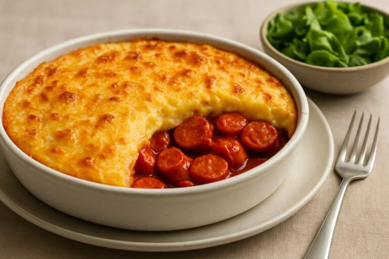 Escondidinho Invertido de Batata com Salsicha e Queijo