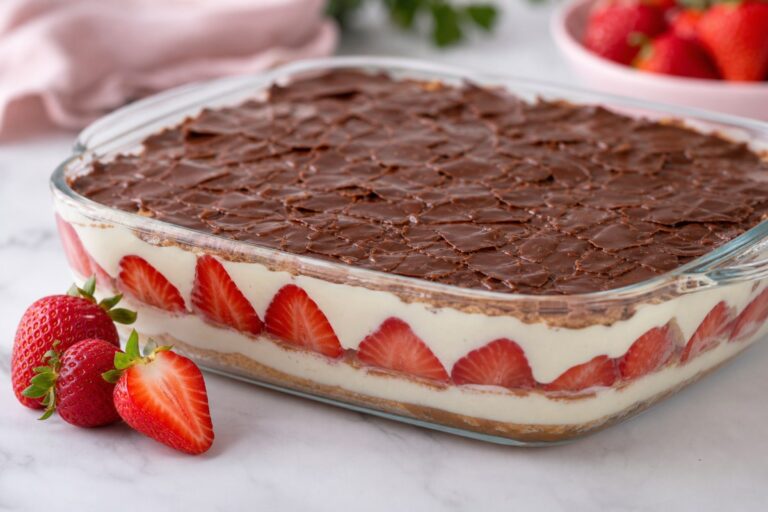 Pavê de Morango com Crocante de Chocolate e Creme Macio – Sobremesa Fácil para Servir em Qualquer Ocasião
