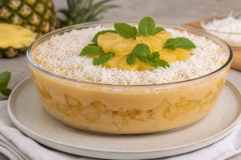 Sobremesa Cremosa de Abacaxi com Doce de Leite e Coco – Uma Opção Leve e Refrescante